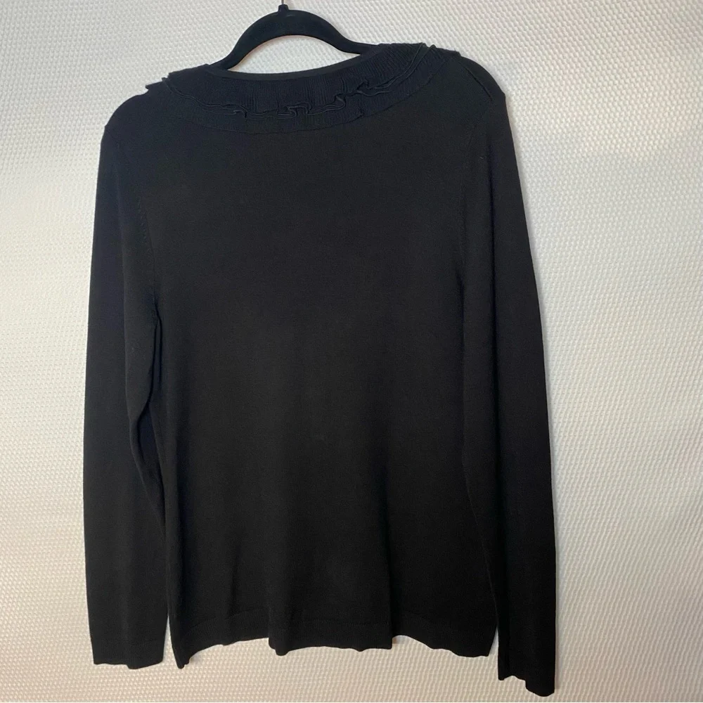 Chico’s Ruffled Black Dressy Cardigan Sweater Size 2 V-Neck Very Soft
